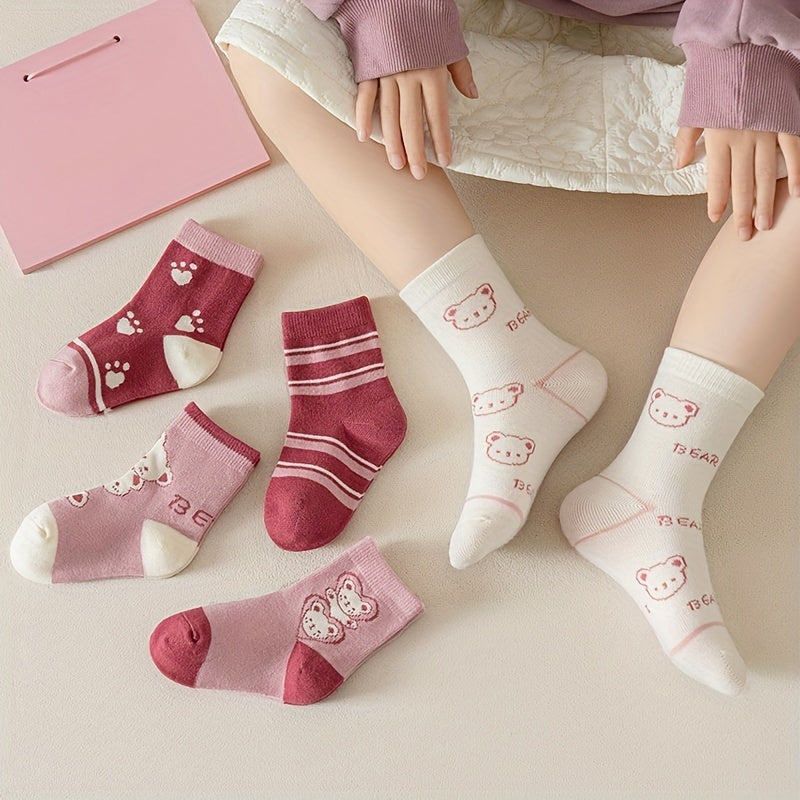 Girls Pink Bear Pattern Princess Socks, Set of 5