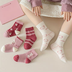 Girls Pink Bear Pattern Princess Socks, Set of 5