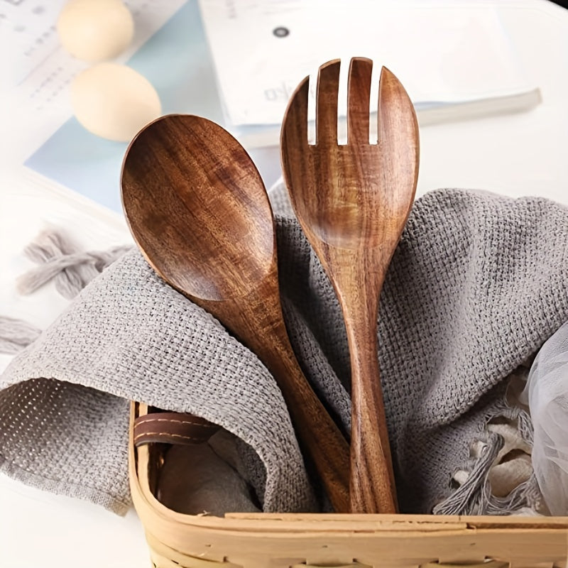 2PCS Wooden Salad Servers Wooden Spoon Fork Kitchen Utensils Sets