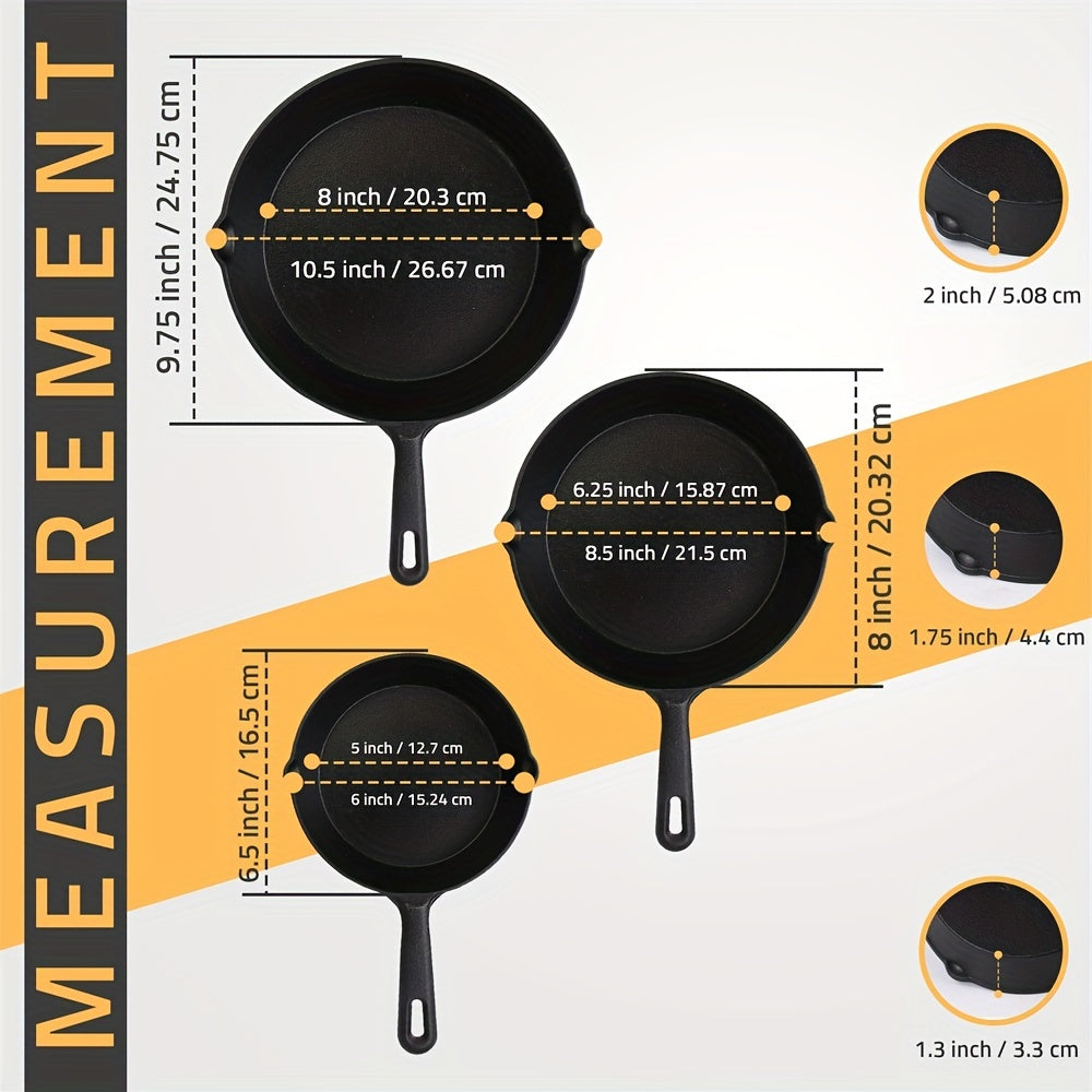 3pcs Saute Fry Pan Pre Seasoned Cast Iron Skillet Set Nonstick Frying Pan