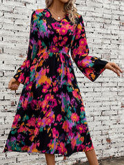 Abstract Print Shirred Dress V Neck Midi Dress Women's Clothing