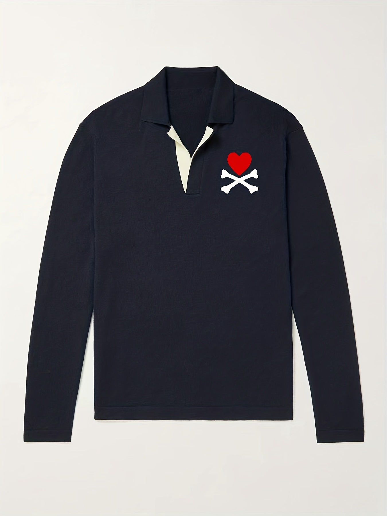 Heart Pattern Knit Polo Shirt Men's Casual Lapel Stretch V Neck Pullover