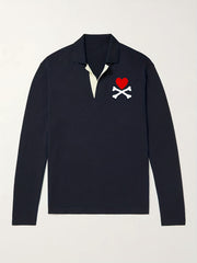 Heart Pattern Knit Polo Shirt Men's Casual Lapel Stretch V Neck Pullover
