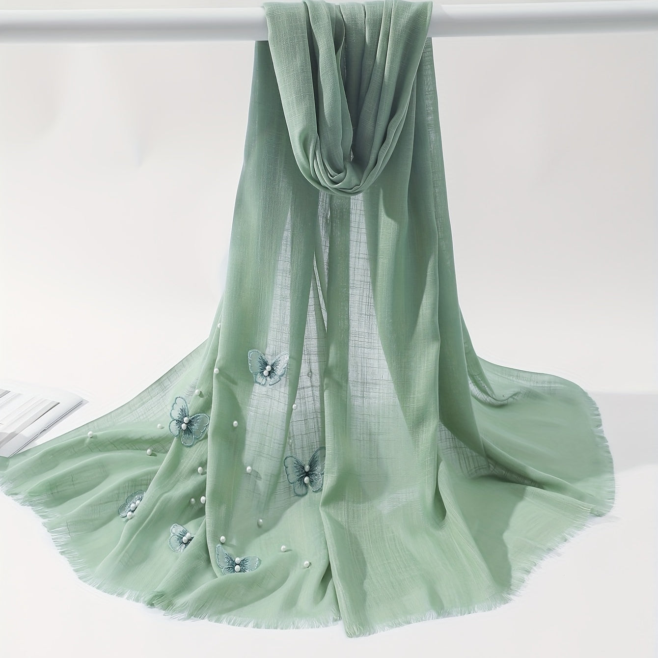Butterfly Embroidered Scarf Pearl Decorated Thin Fringed Shawl