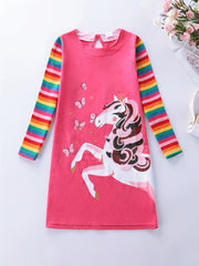 Girls Unicorn Embroidered Long Sleeve Casual Dress