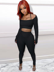 Solid Halter Neck Off Shoulder Shirt & Pencil Pants Set Plus Size