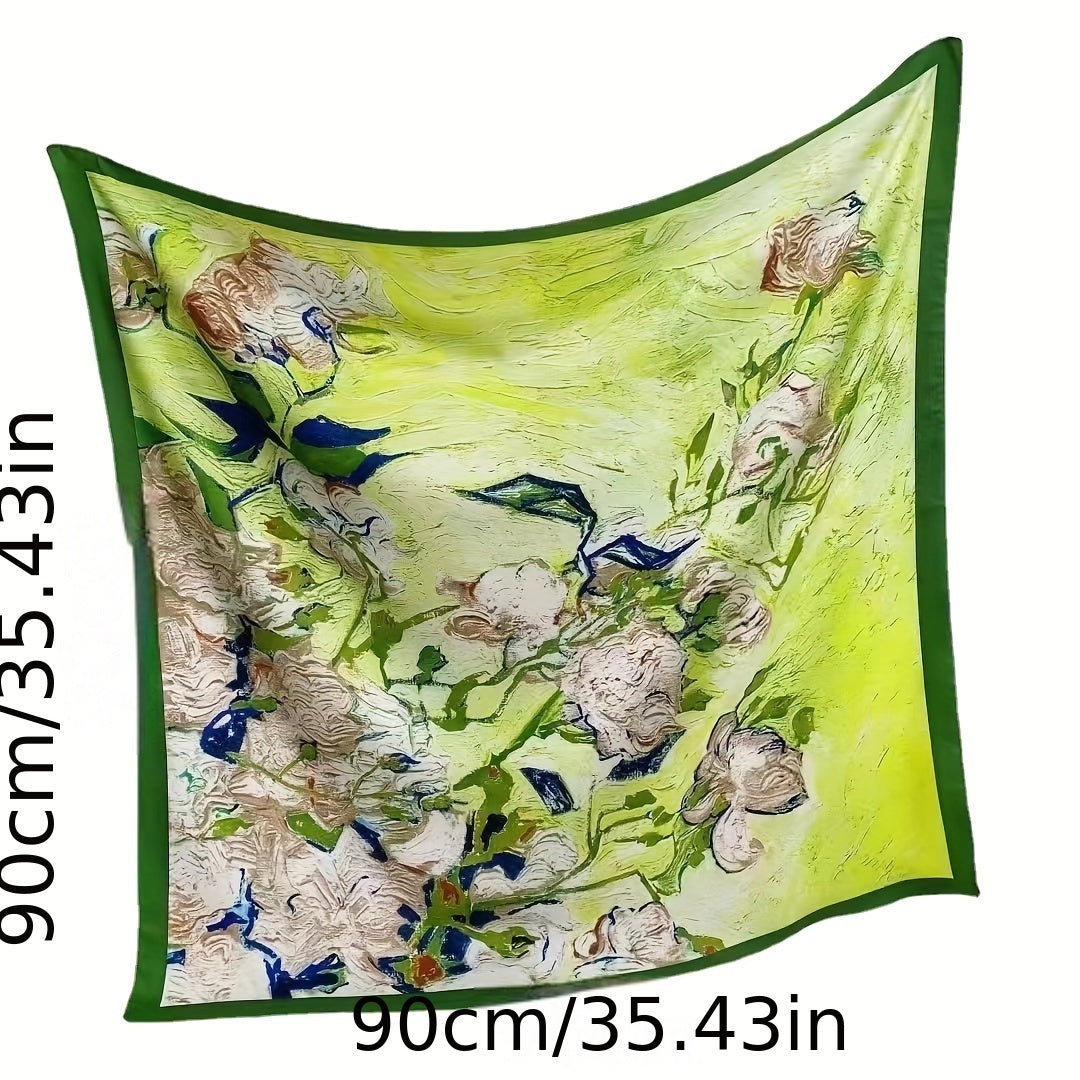 Flower Print Square Scarf Oil Painting Silk Shawl Women Head Wrap Satin