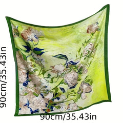 Flower Print Square Scarf Oil Painting Silk Shawl Women Head Wrap Satin