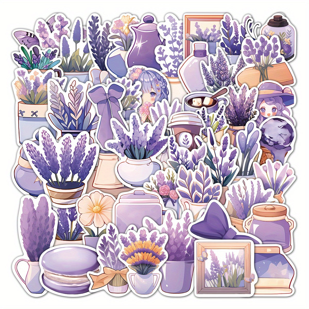 50pcs Lavender Cartoon Phone Case Stickers PVC Waterproof Self adhesive Stickers