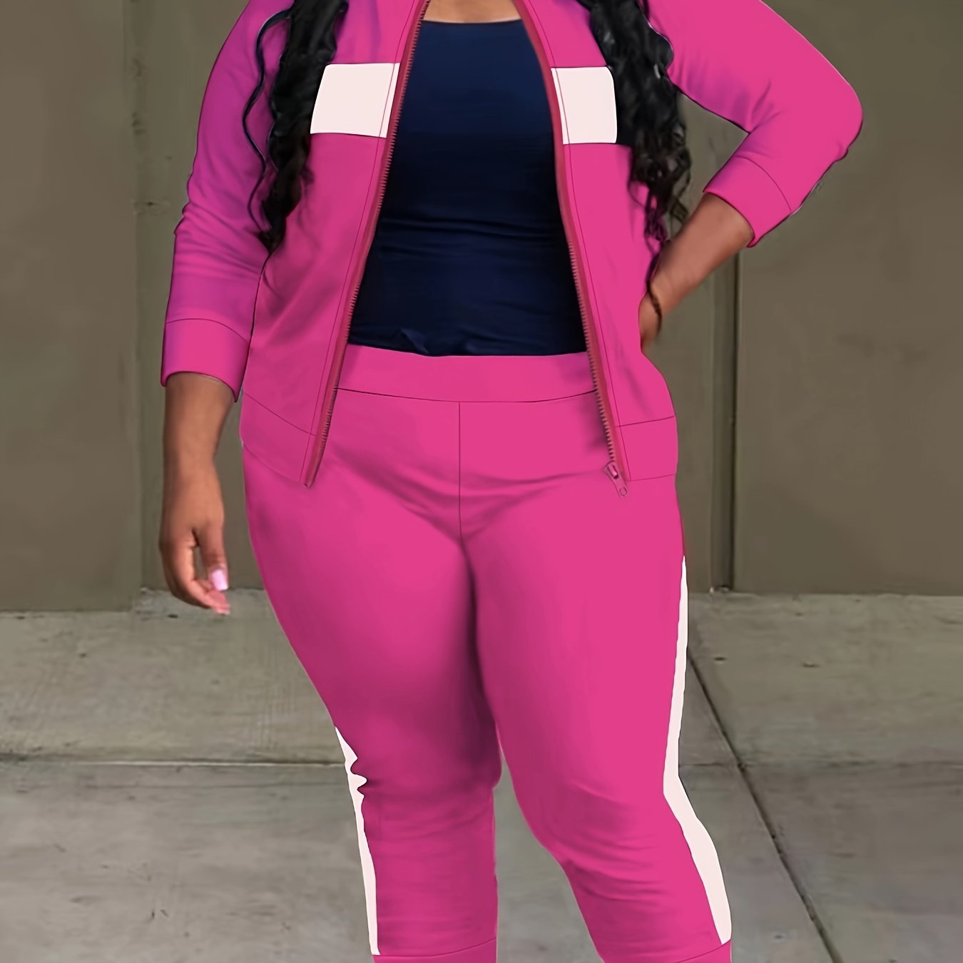 Striped Long Sleeve Stand Collar Zipper Coat & Joggers Set