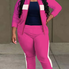 Striped Long Sleeve Stand Collar Zipper Coat & Joggers Set
