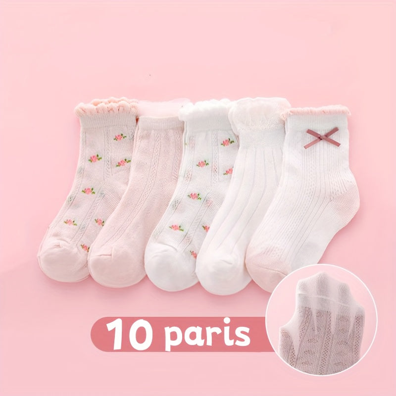 10 Pairs Girls Flower Strawberry Bow Crew Socks
