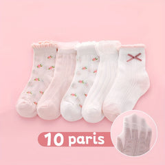 10 Pairs Girls Flower Strawberry Bow Crew Socks