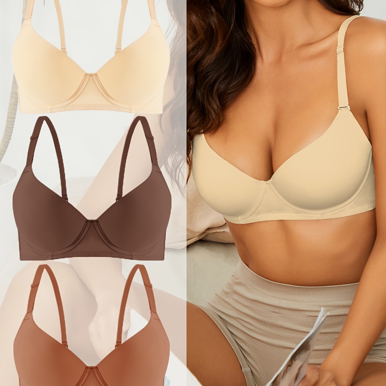 3pack Solid Underwire Push Up Bra Set For Women