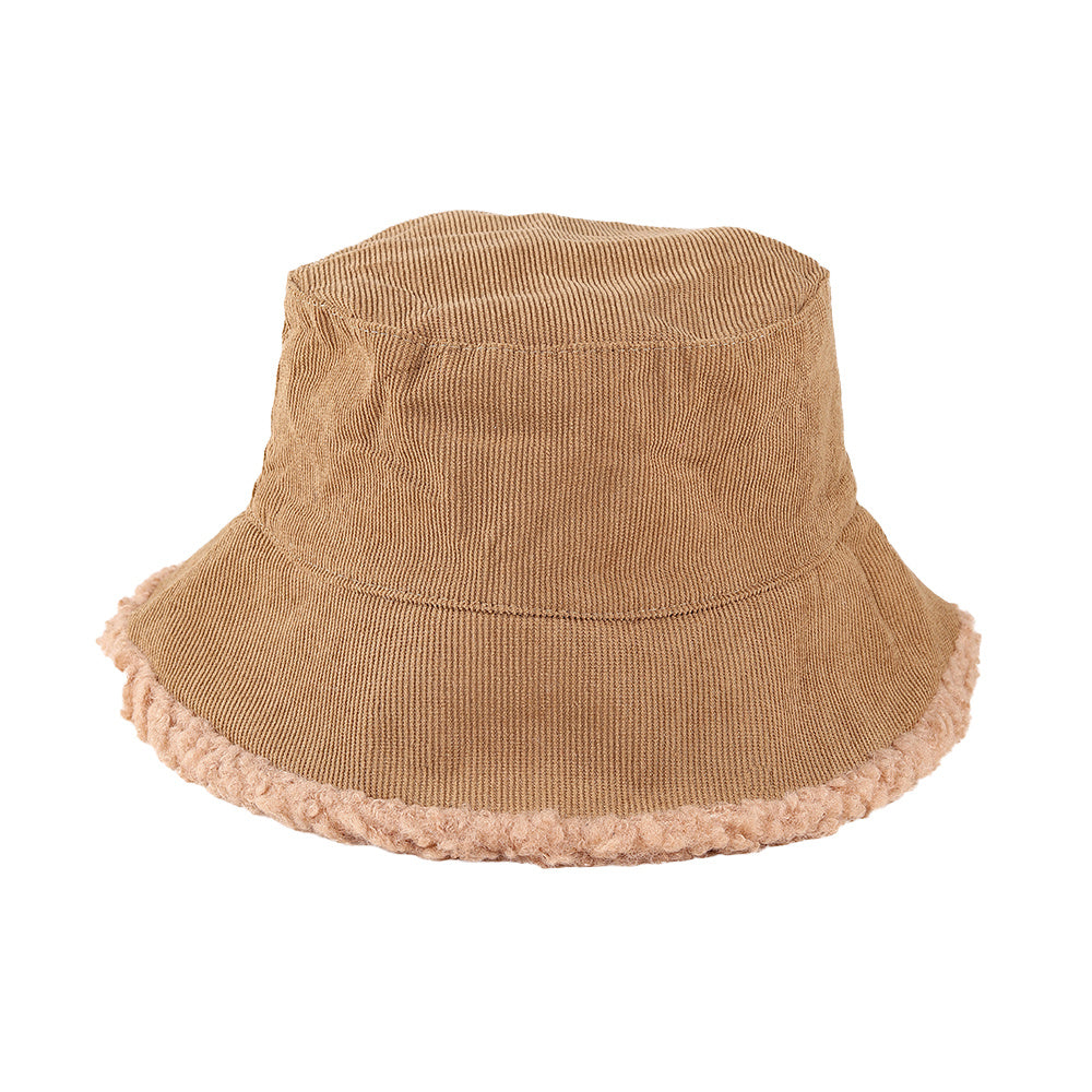 Warm Lamb Wool Bucket Hat Fleece Corduroy Flat Top 4 Colors