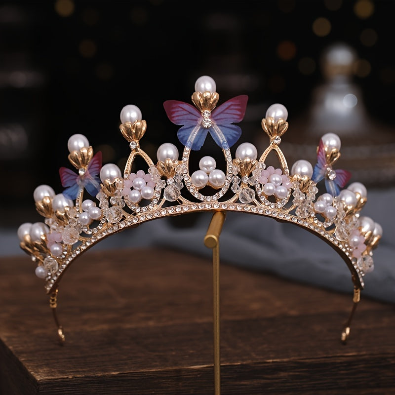 Baroque Faux Pearl Rhinestone Crown Tiara Butterfly Hairband