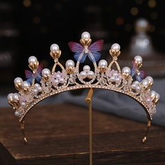 Baroque Faux Pearl Rhinestone Crown Tiara Butterfly Hairband