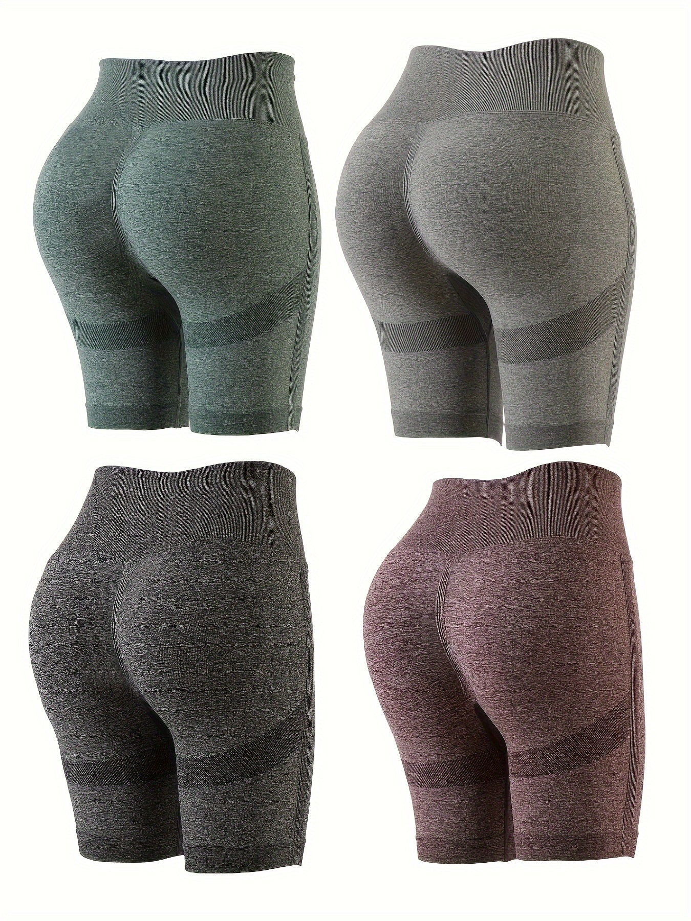 4pcs Seamless Solid Butt Lifting Sports Shorts High Waist Yoga Running Shorts