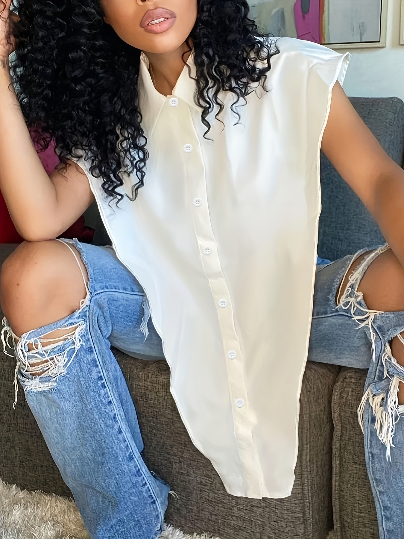 Sexy Blouse Solid Button Up Cap Sleeve Split Side Blouse