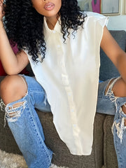 Sexy Blouse Solid Button Up Cap Sleeve Split Side Blouse