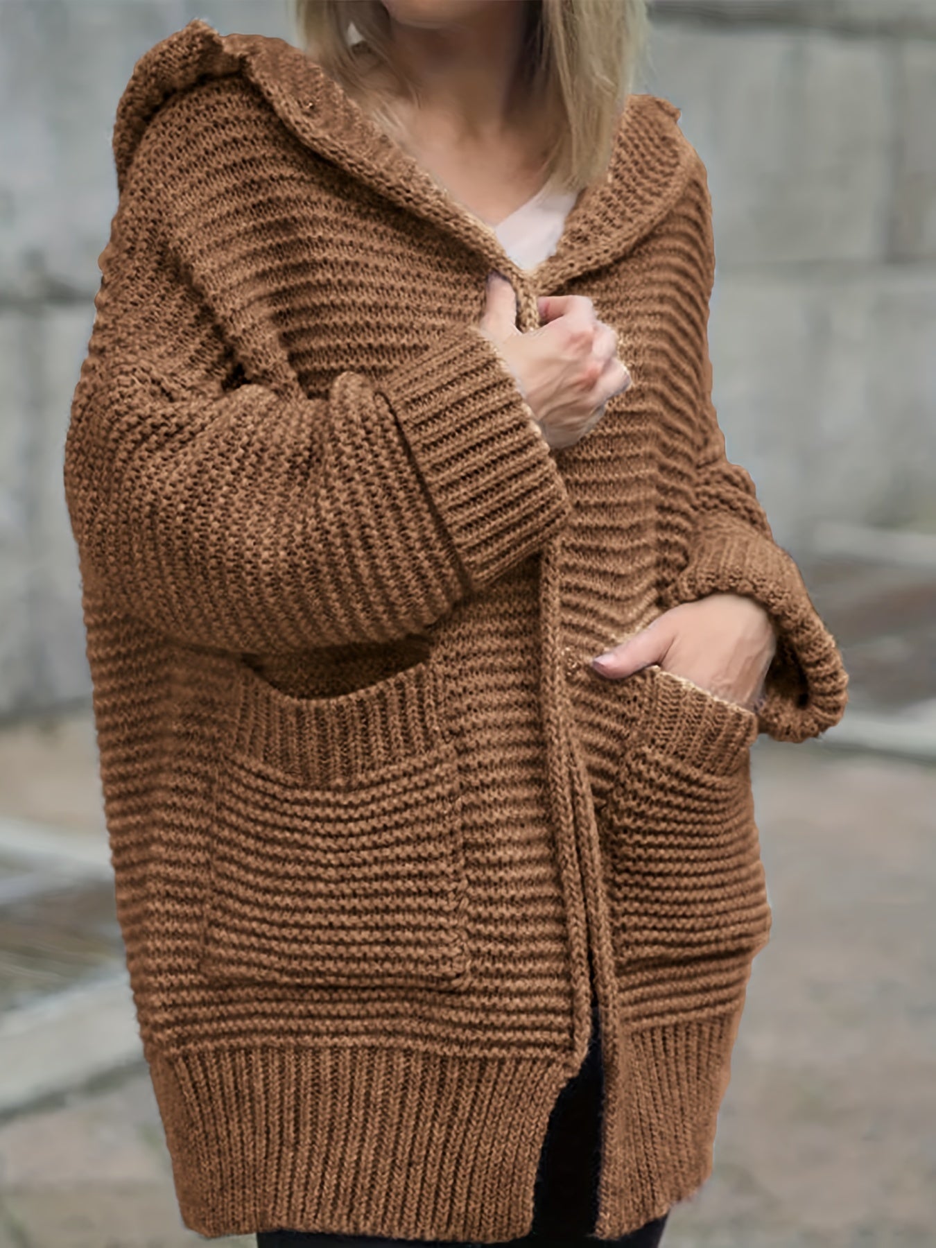 Solid Open Front Hooded Sweater Cardigan With Pockets