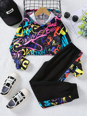 Girls Crop Hoodie & Sweatpants Set Allover Print Top Casual Outfits