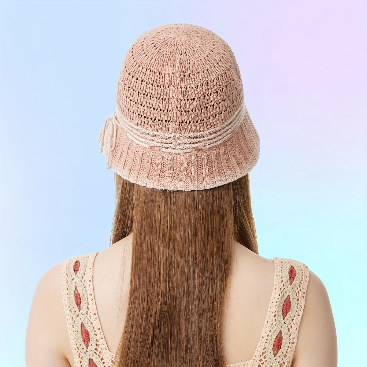 Hollow Out Bucket Hat Knitted Bowknot Decor Casual Thin Breathable Beach Hat
