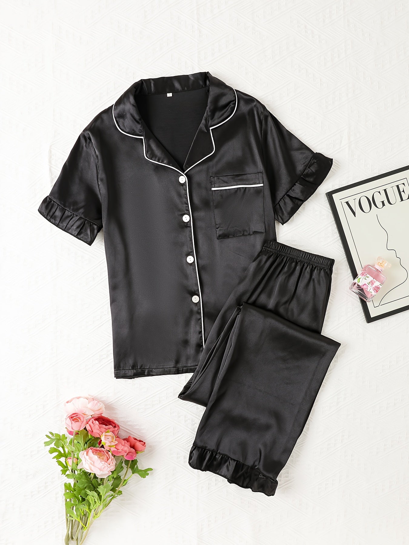 Satin Pajama Set Short Sleeve Top & Elastic Waist Pants Women's Sleepwear