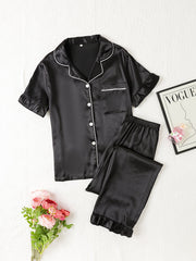 Satin Pajama Set Short Sleeve Top & Elastic Waist Pants Women's Sleepwear