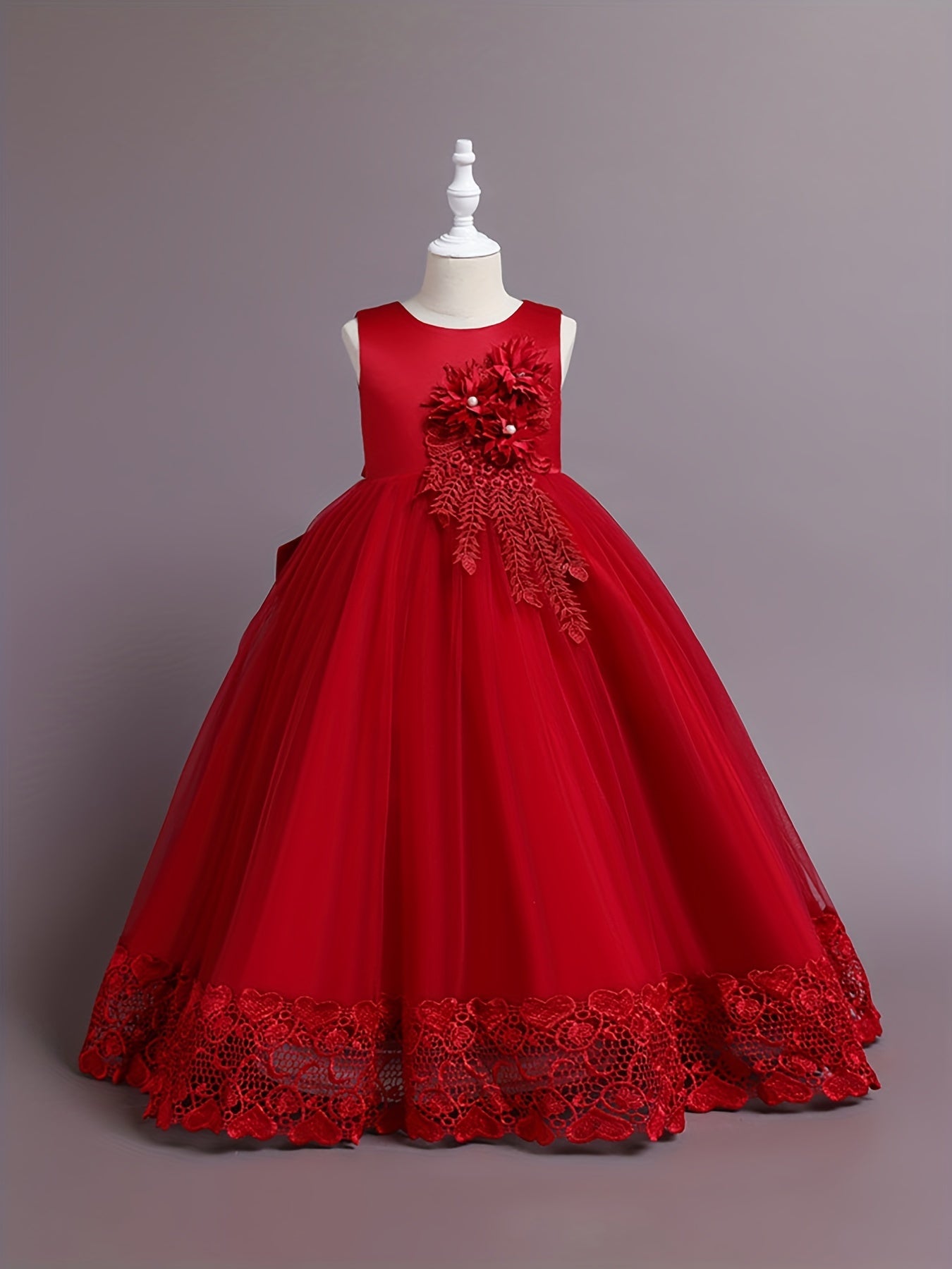 Girls Lace Embroidery Flower Princess Dress with Tutu Skirt