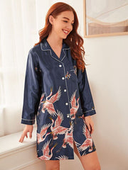 Women's Satin Collared Pocket Pajama Dress