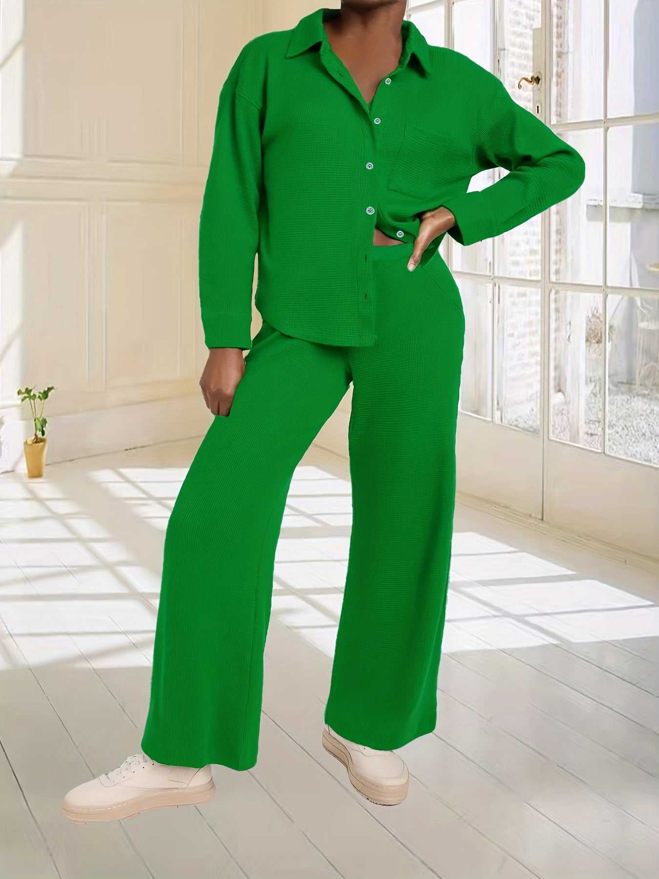 Thermal Outfit Set Women's Solid Long Sleeve Top & Elastic Pants