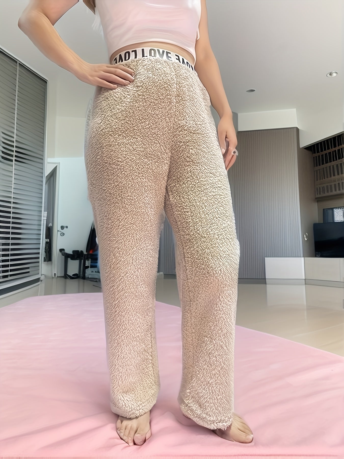 Letter Print Fuzzy Sleep Bottoms Warm & Cozy Home Pants