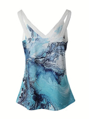 Graphic Print V Neck Top Summer Sleeveless Casual Top