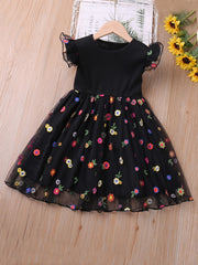 Toddler Girls Mesh Ruffled Sleeves Colorful Flowers Embroidery Splicing Princess