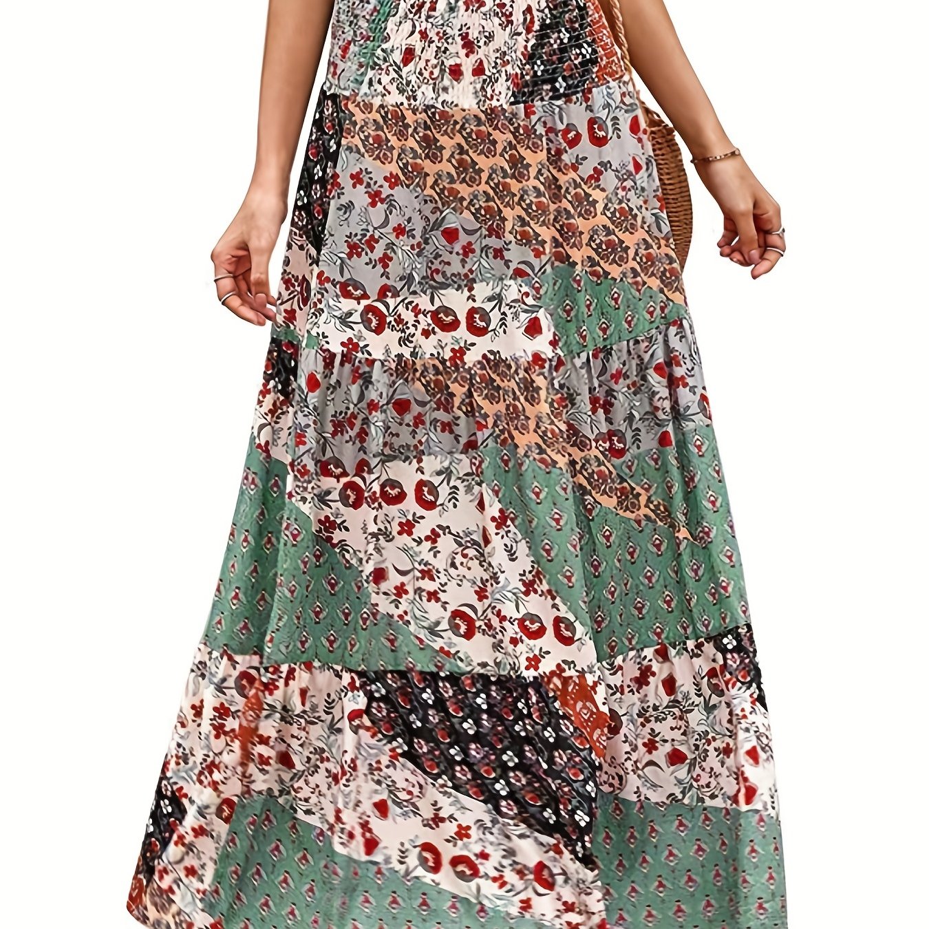 Floral Patchwork Print Boho Skirt for Women