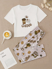 Giraffe Print Pajamas Set Short Sleeve Crew Neck Top & Pants
