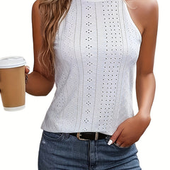 Eyelet Solid Halter Top Sleeveless Summer Top