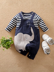 Baby Boys Elephant Print Striped Romper for Spring and Autumn