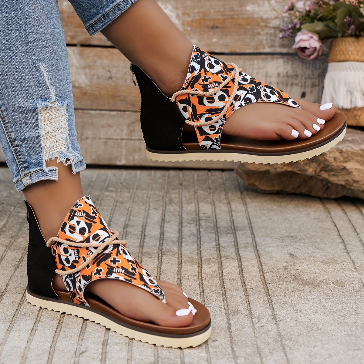 Skull Pattern Cross Strap Cutout Thong Sandals for Women