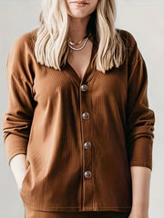 Solid Long Sleeve Button Up Ribbed Knit Cardigan & Pants 2 Piece Set