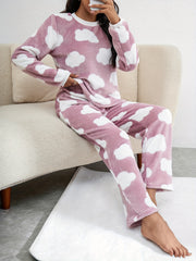 Cloud Print Fuzzy Pajama Set Long Sleeve Crew Neck Top & Pants