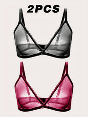 2pcs Lace Mesh Wireless Bras Unlined Bra
