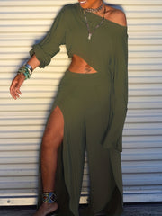 Solid Two piece Set Long Sleeve Crop T shirt & High Split Pants