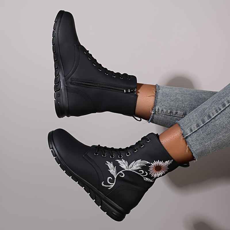 Floral Print Ankle Boots Flat Lace Zipper Combat Solid Shoes