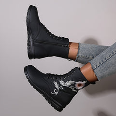Floral Print Ankle Boots Flat Lace Zipper Combat Solid Shoes