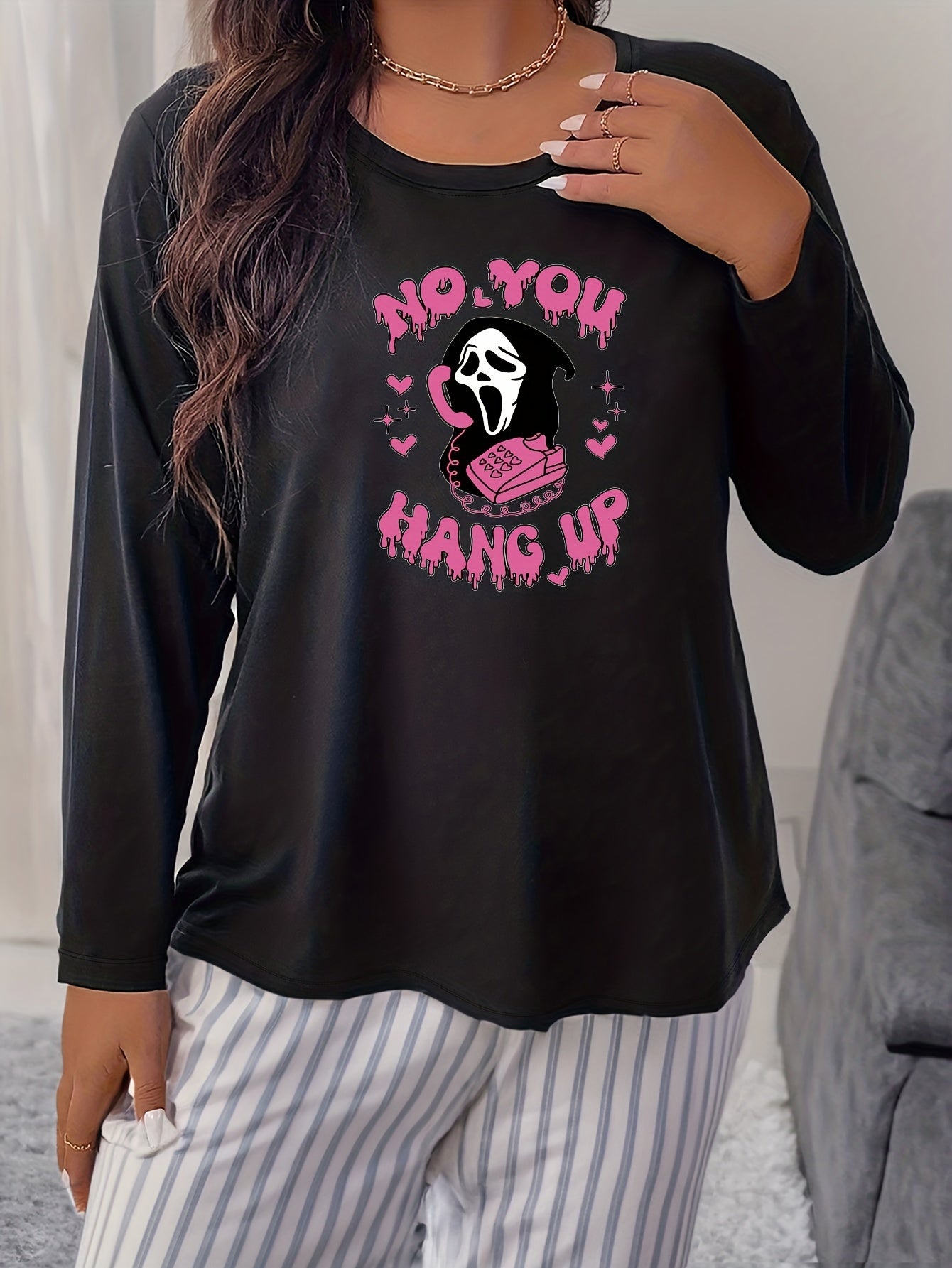 Halloween Grim Reaper Print Long Sleeve Crew Neck Top