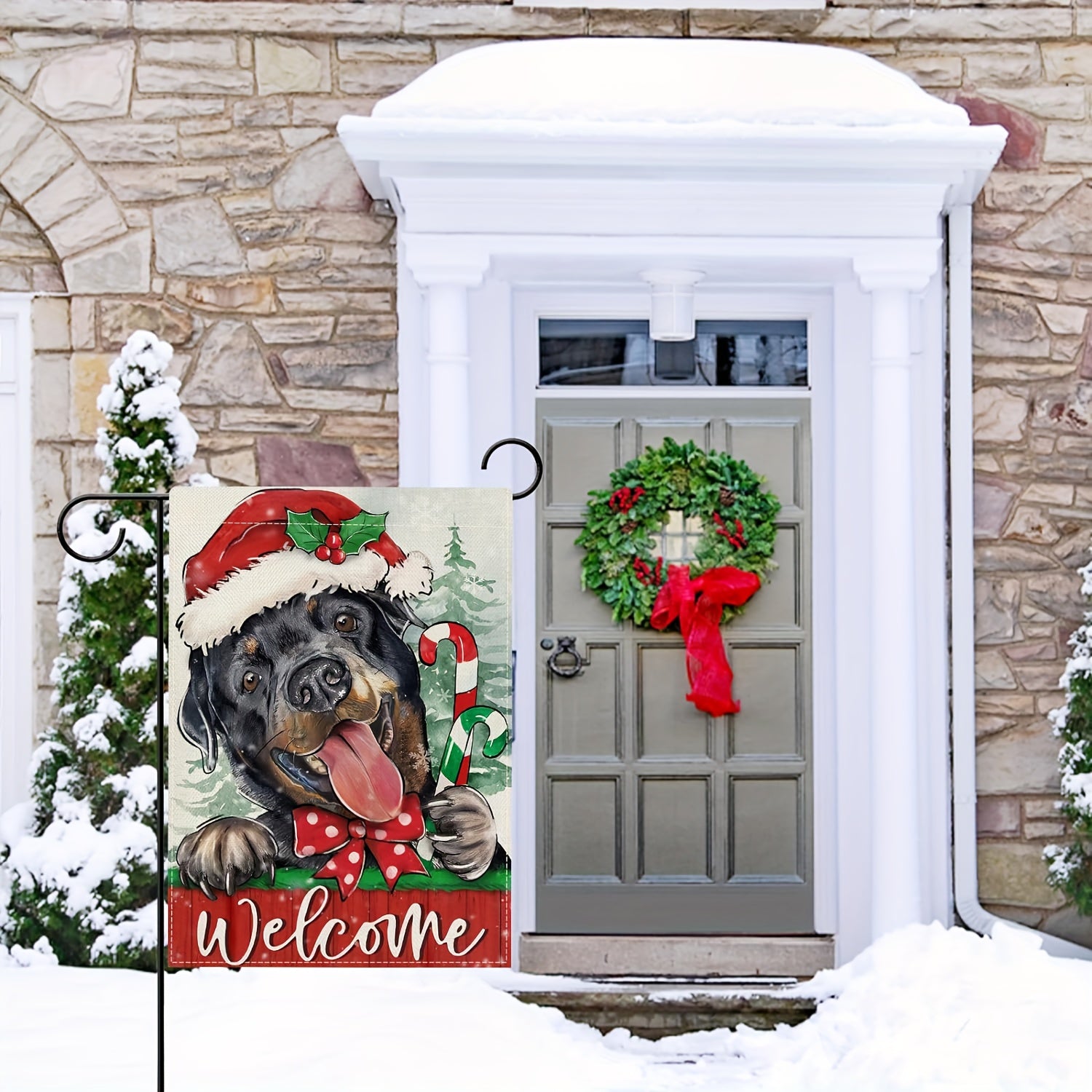 Christmas Rottweiler Dog Garden Flag Xmas Puppy Santa Hat Candy Cane Bow