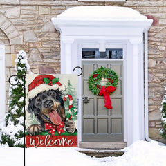 Christmas Rottweiler Dog Garden Flag Xmas Puppy Santa Hat Candy Cane Bow
