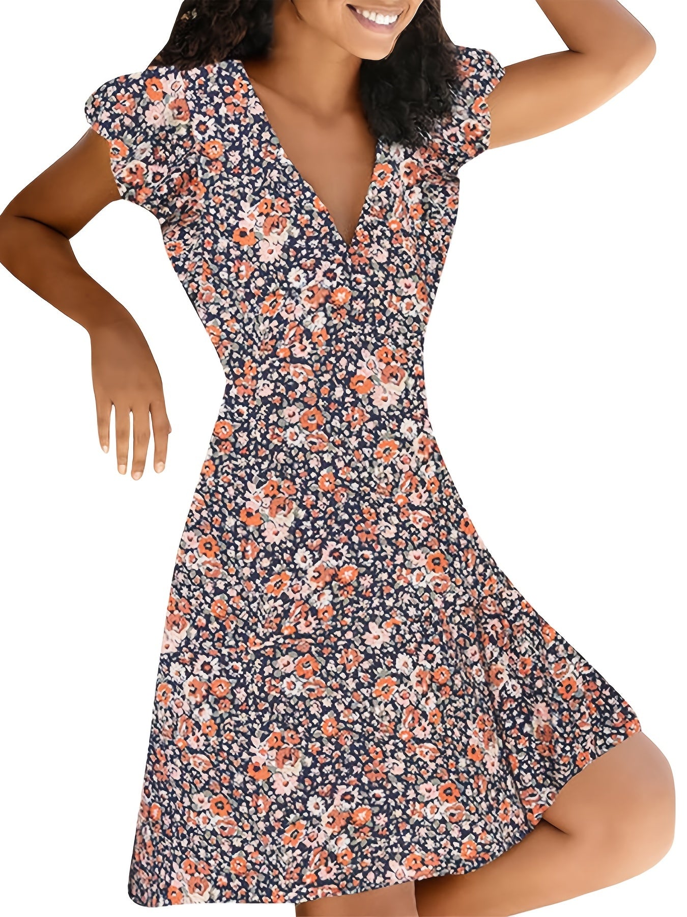 Floral Print V Neck Slim Dress Short Sleeve Casual Dress For Fall & Spring